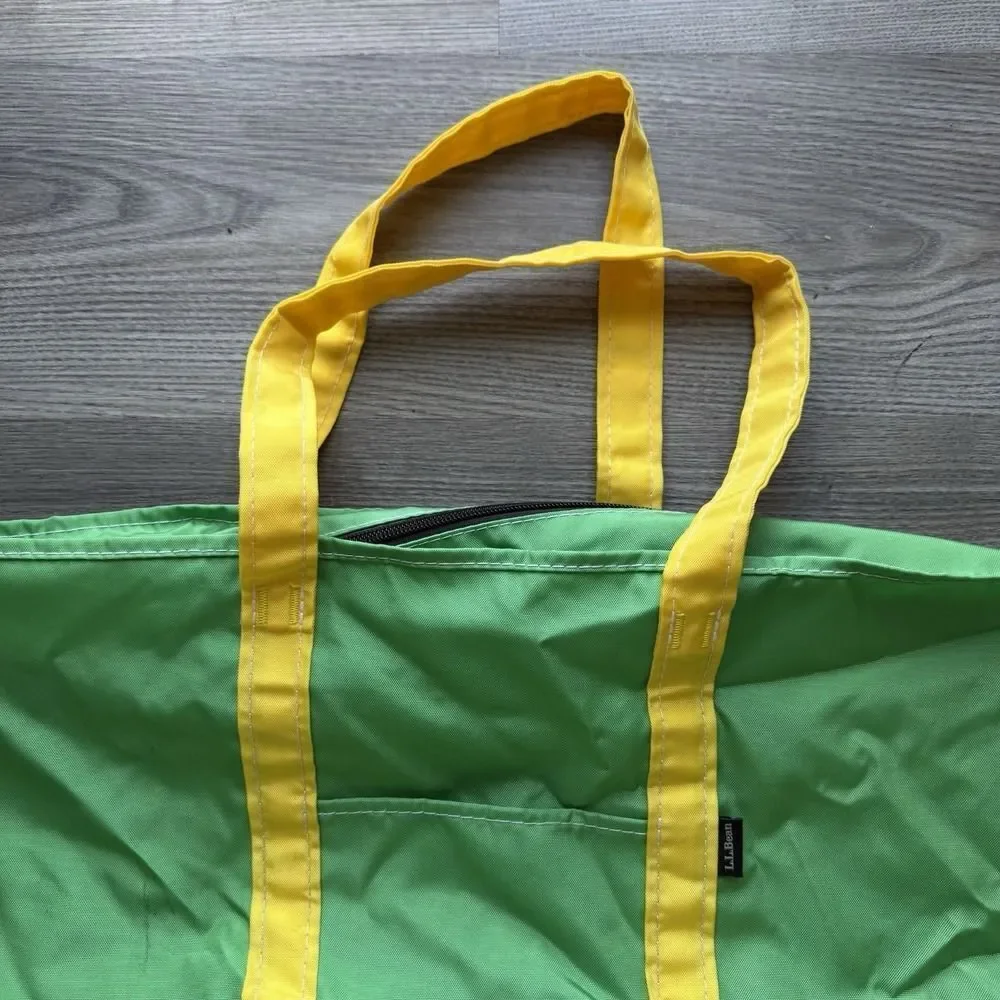 Vintage LL Bean Boat And Tote Bag Large Green Yellow Nylon 80s 90s Oregon Rare